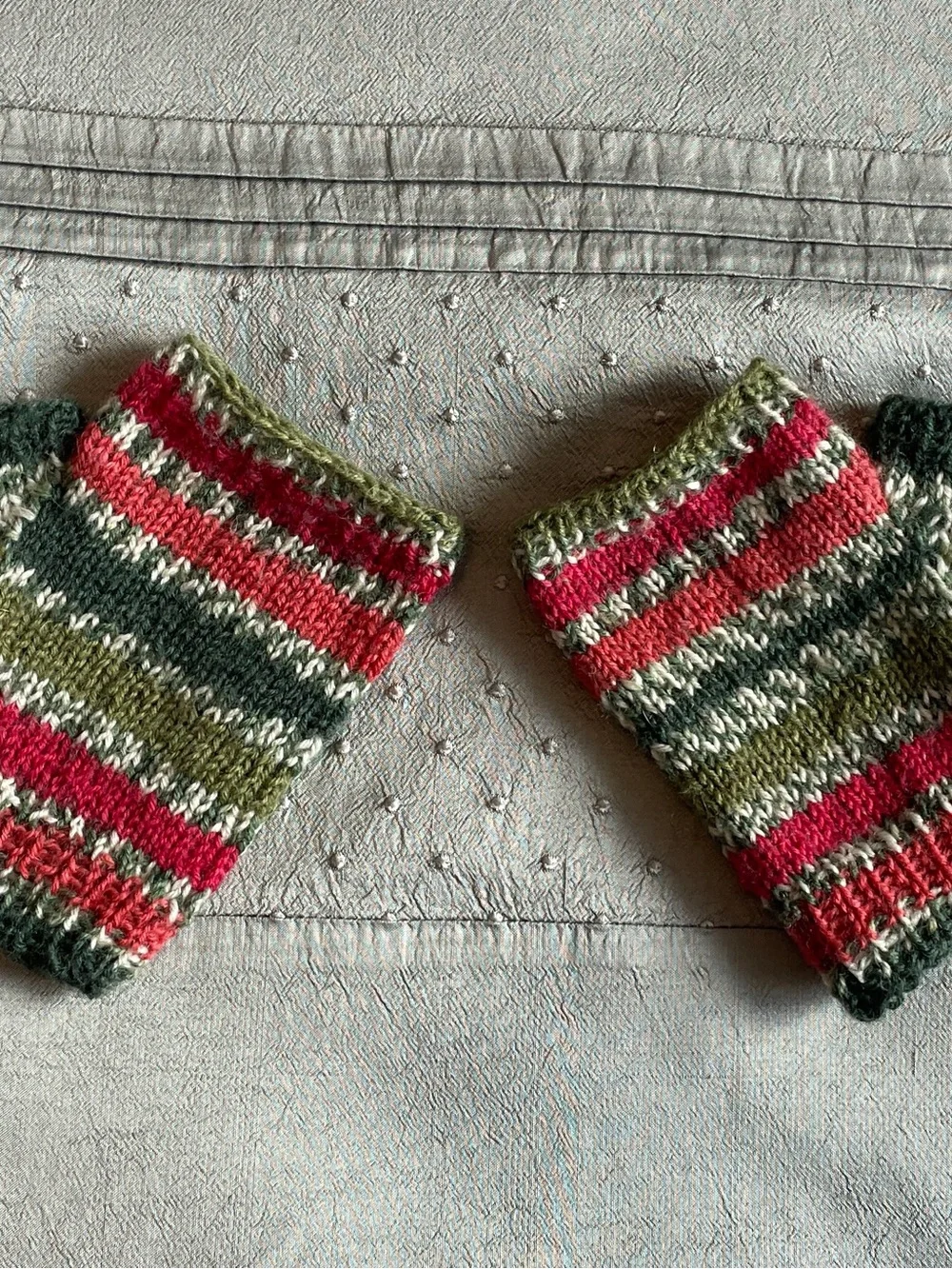 Peruvian Hand knit Wool Fingerless Gloves Green, Red & Cream Stripes